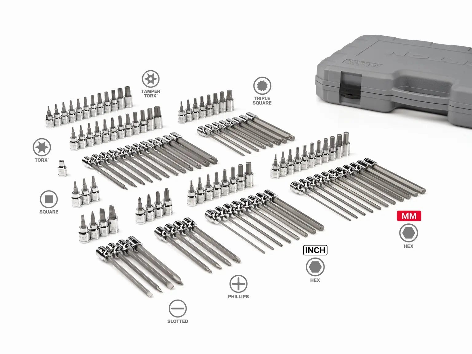 110-Piece 3/8 Inch Drive Hex. Torx. TR Torx. Phillips. Slotted. Square. Triple Square Bit Socket Set