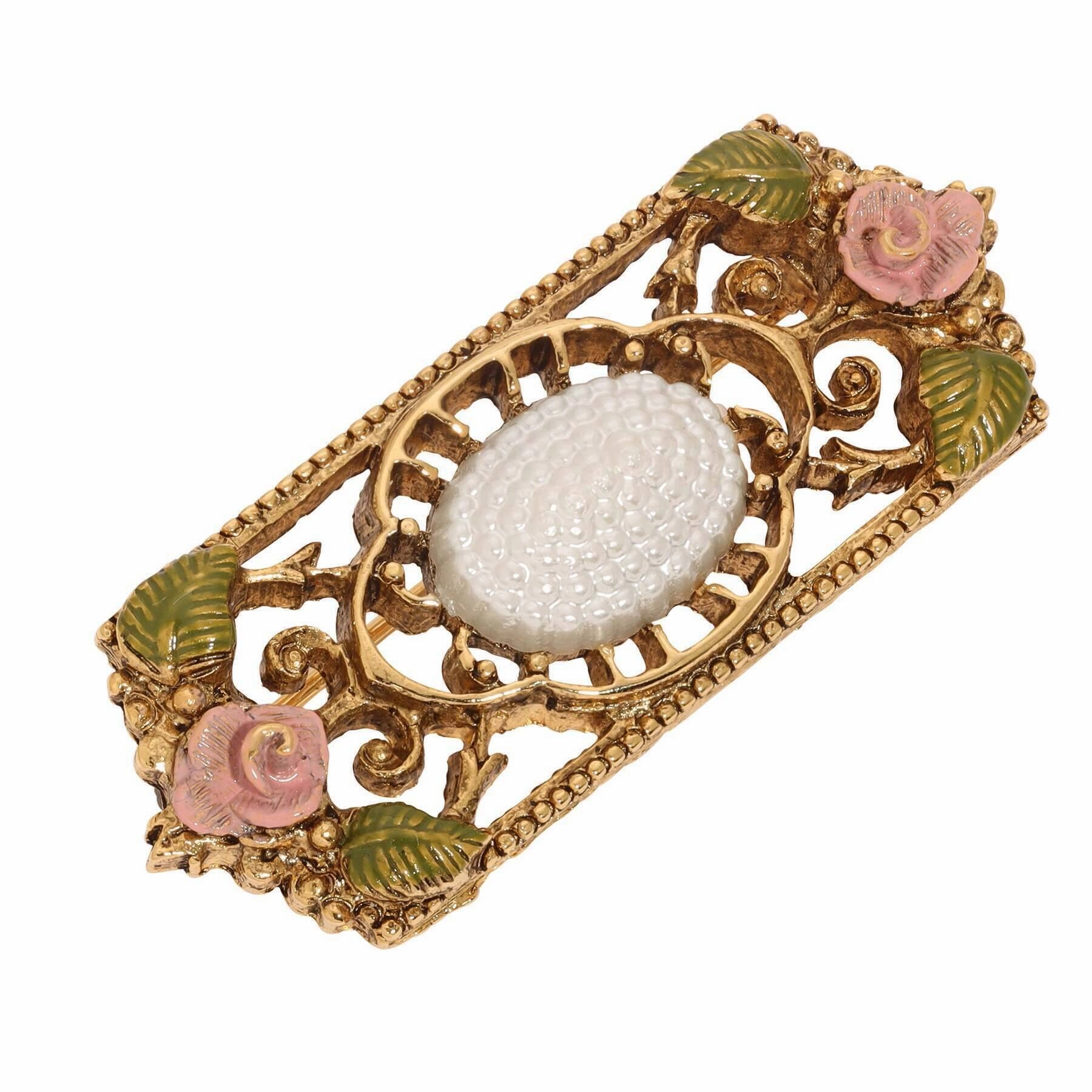 1928 Jewelry Pearly Eden Rose Enamel Faux Pearl Filigree Brooch