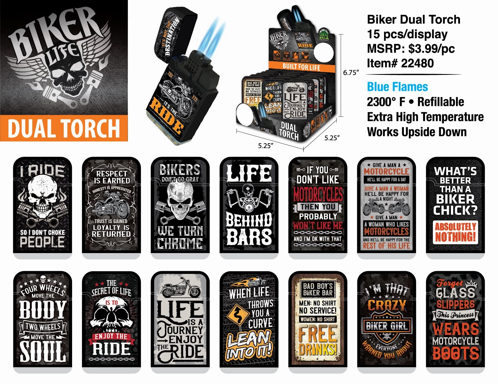 Biker Dual Torch Lighter - 15 Pieces Per Retail Ready Display 22480