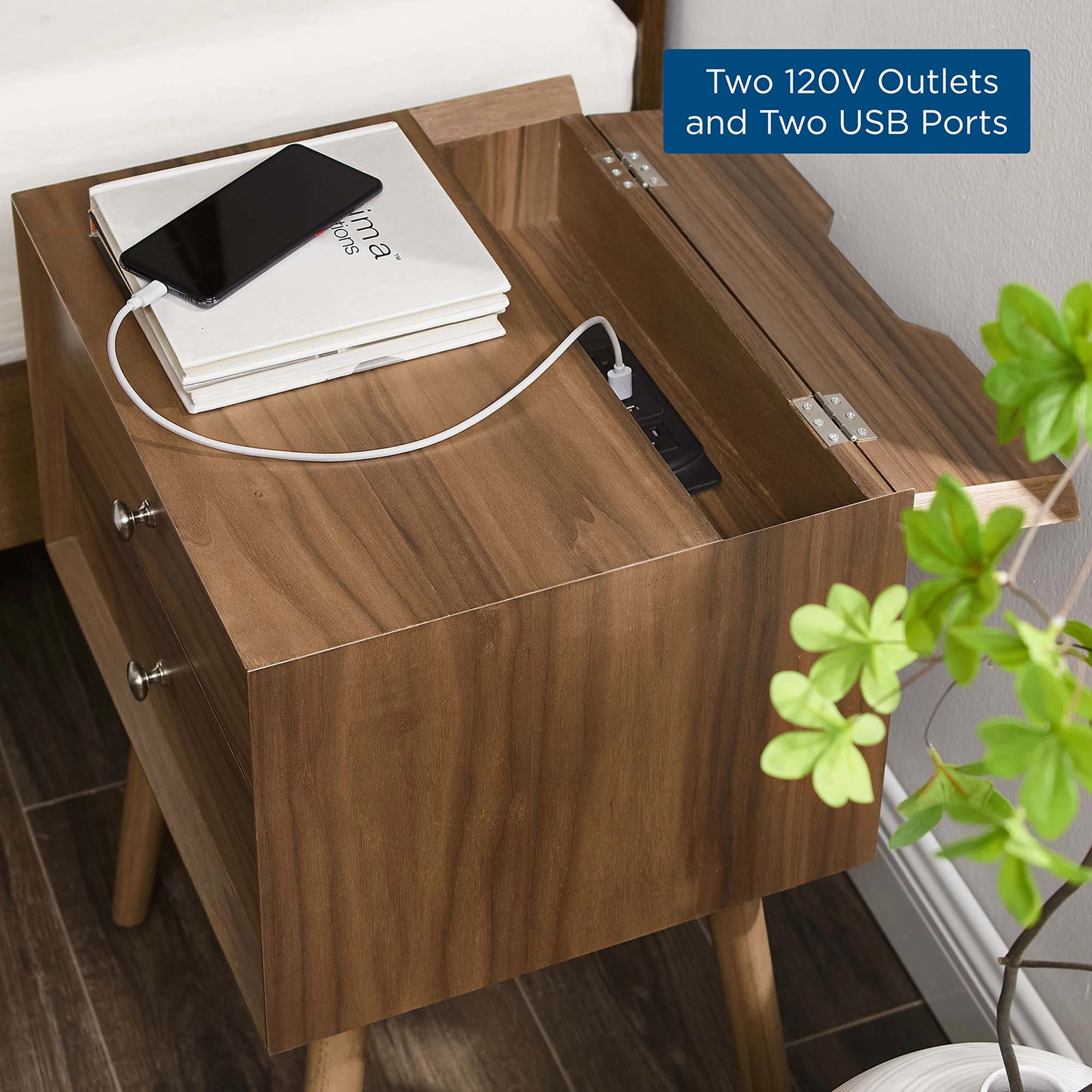 Ember Wood Nightstand With USB Ports by Modway
