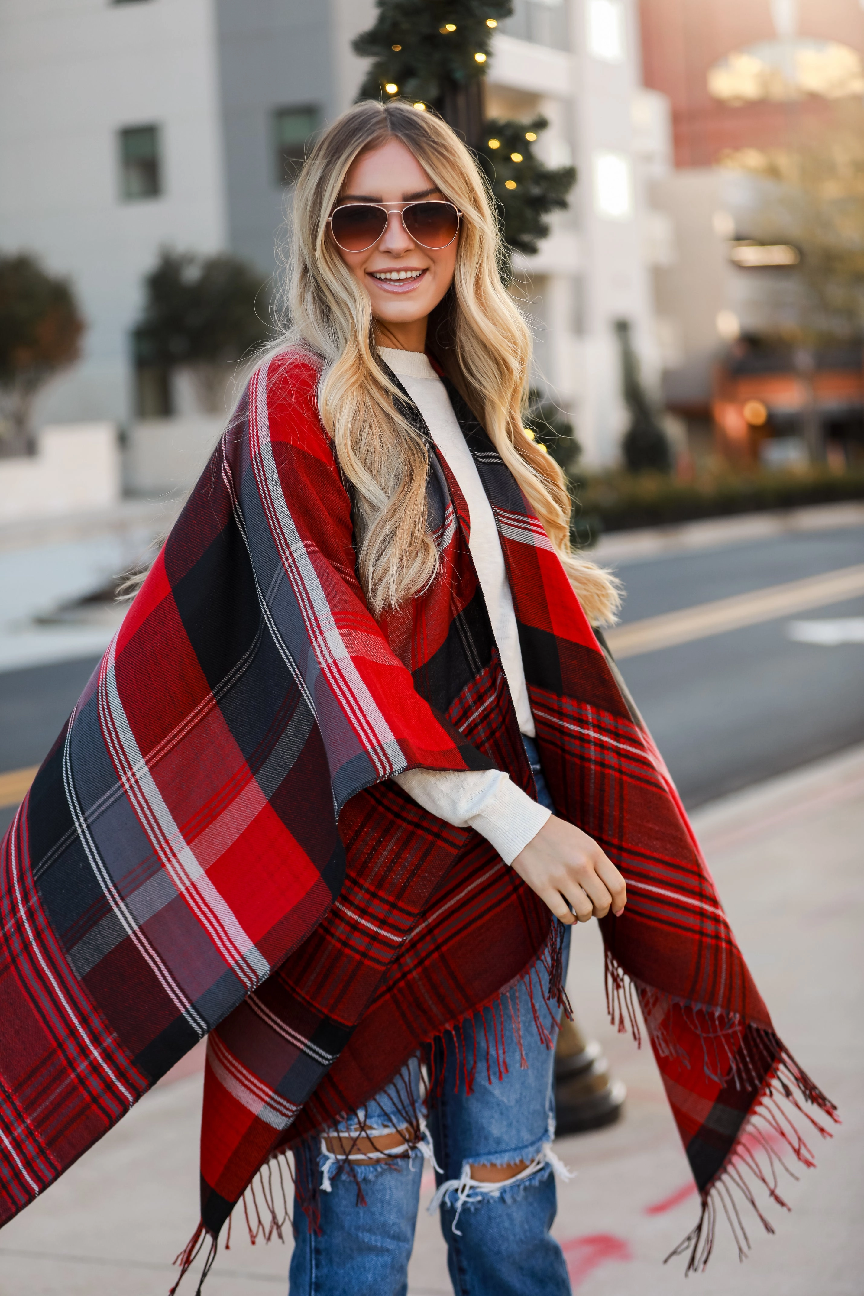 FINAL SALE - Perfect Warmth Red Plaid Fringe Shawl - DOORBUSTER