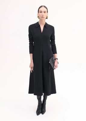 Long Sleeve Shirt Dress in Crepe  - Black
