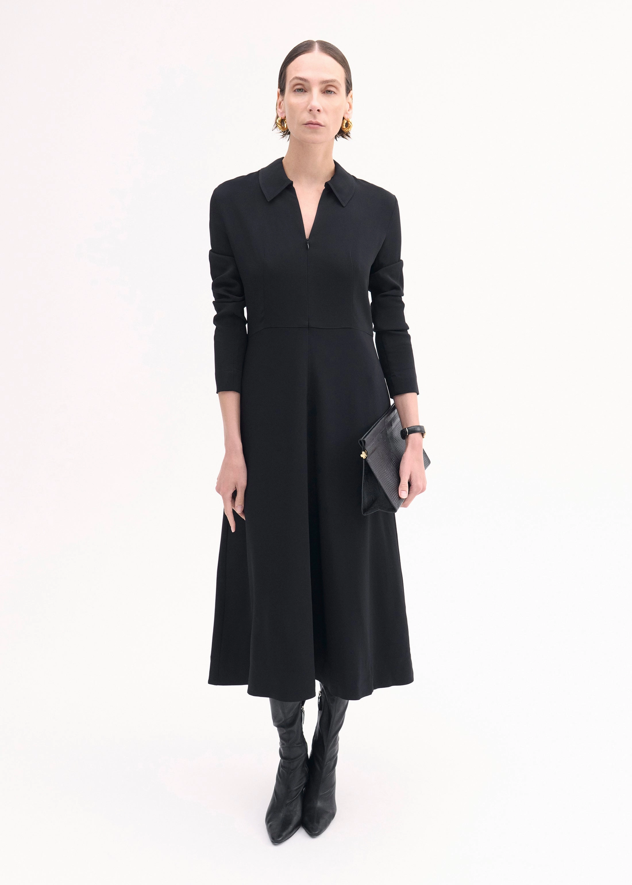Long Sleeve Shirt Dress in Crepe  - Black