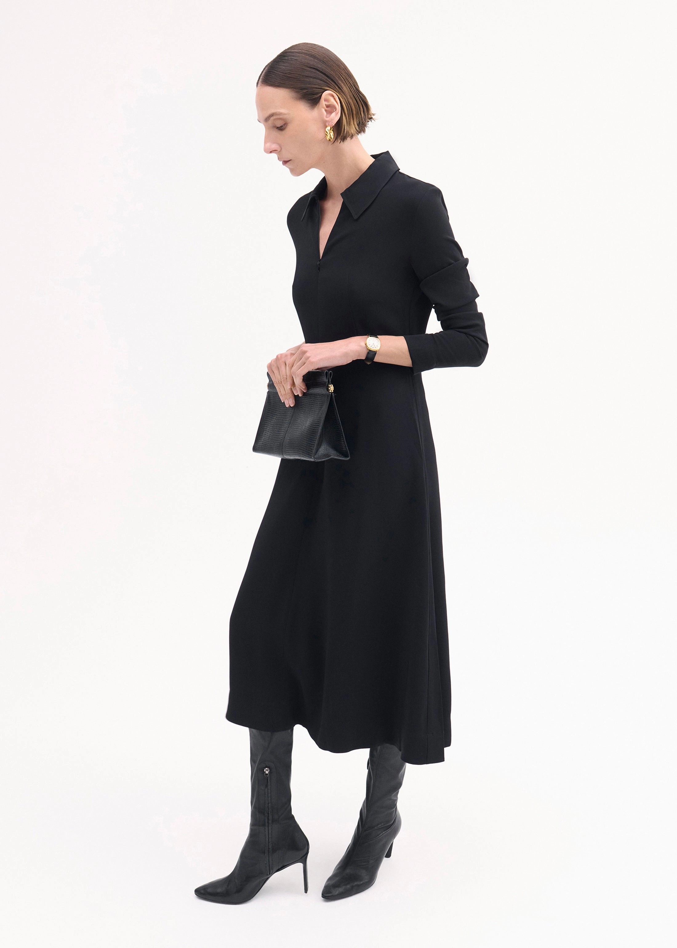 Long Sleeve Shirt Dress in Crepe  - Black