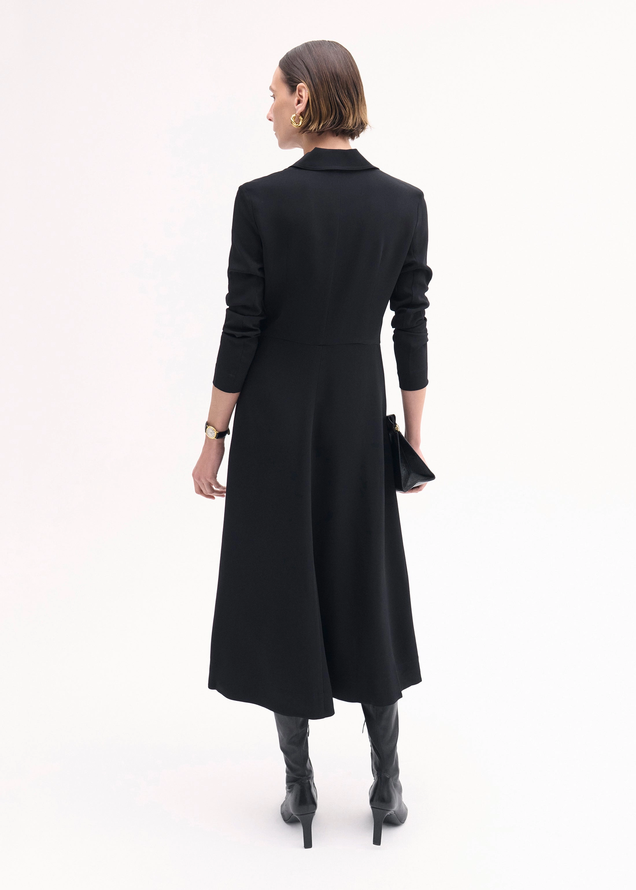 Long Sleeve Shirt Dress in Crepe  - Black